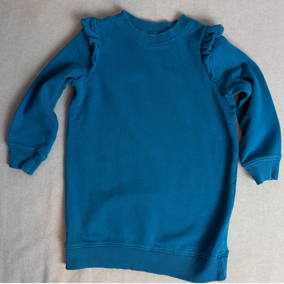 Hanna Andersson Girls Teal Blue Ruffle Shoulder Sweatshirt Dress 110cm Us 5